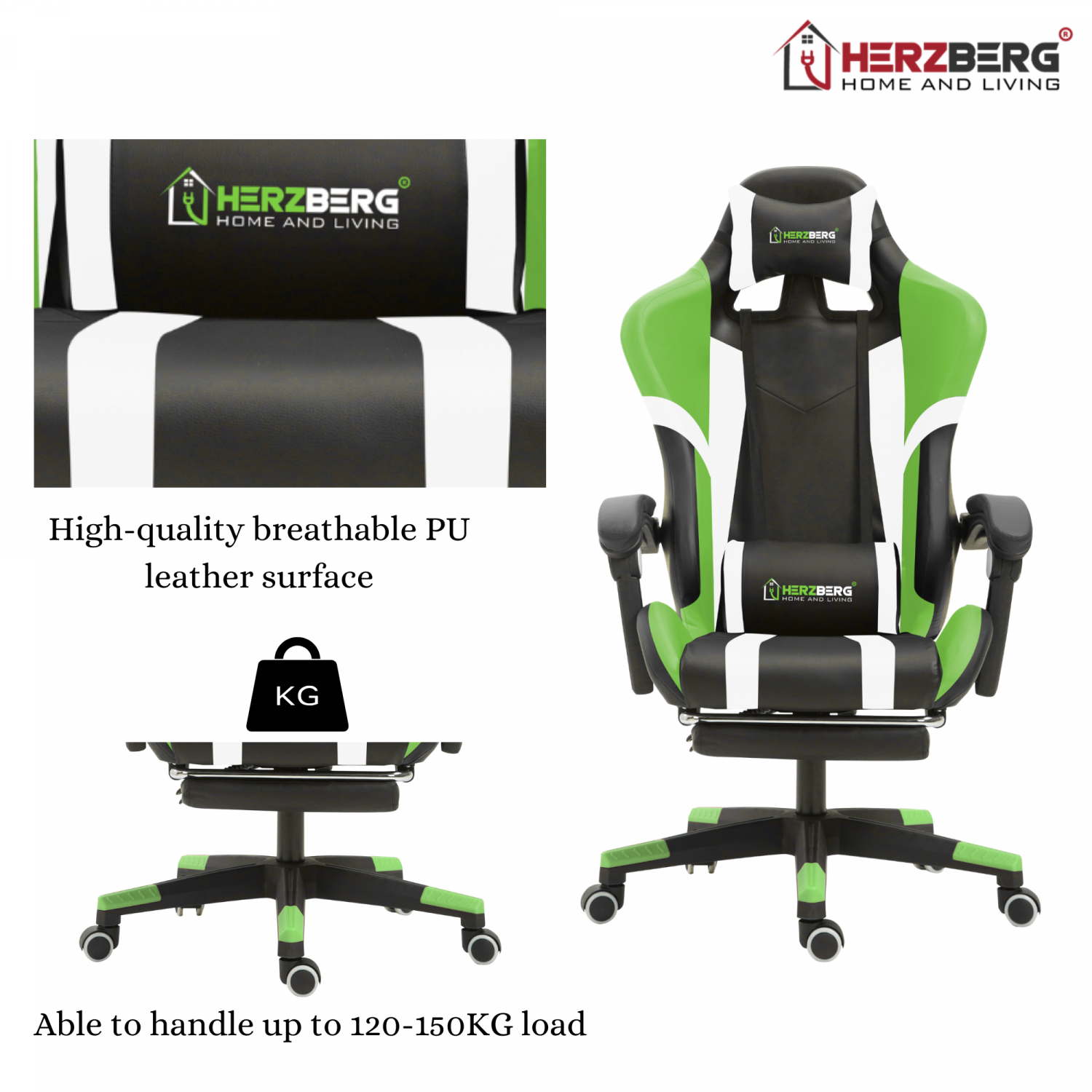 Herzberg Home & Living Herzberg Hg-8083: Driekleurige Gaming- En Bureaustoel Met Lineair Accent Groen